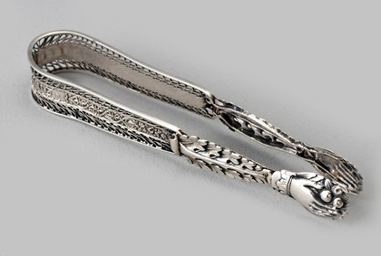 German Silver Biedermeier Filigree Sugar Tongs - Zum Andenken, In Memory Of